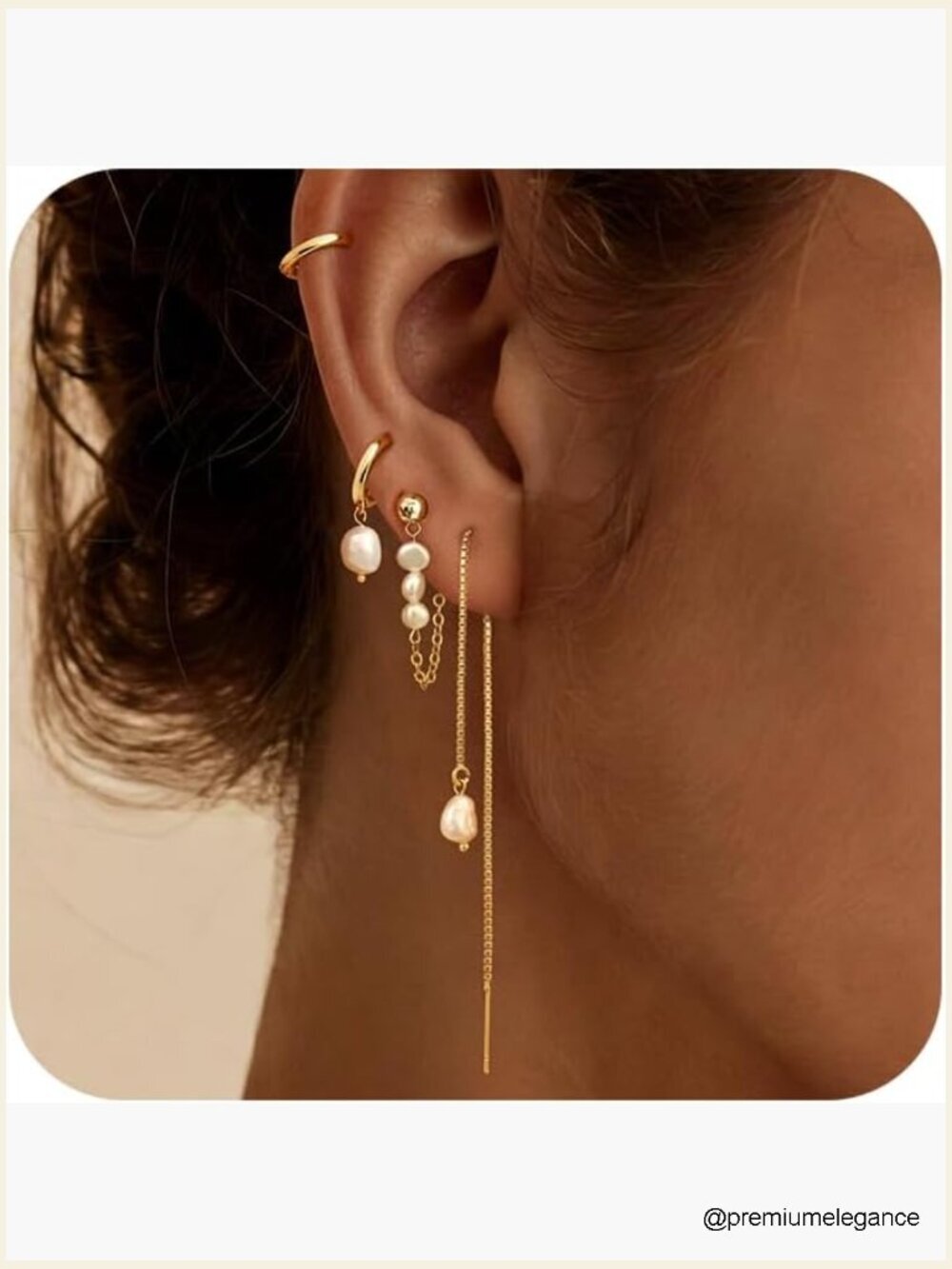 14K Gold Plated Pearl Dangle Huggie Hoop Earrings Set Hypoallergenic Stacking